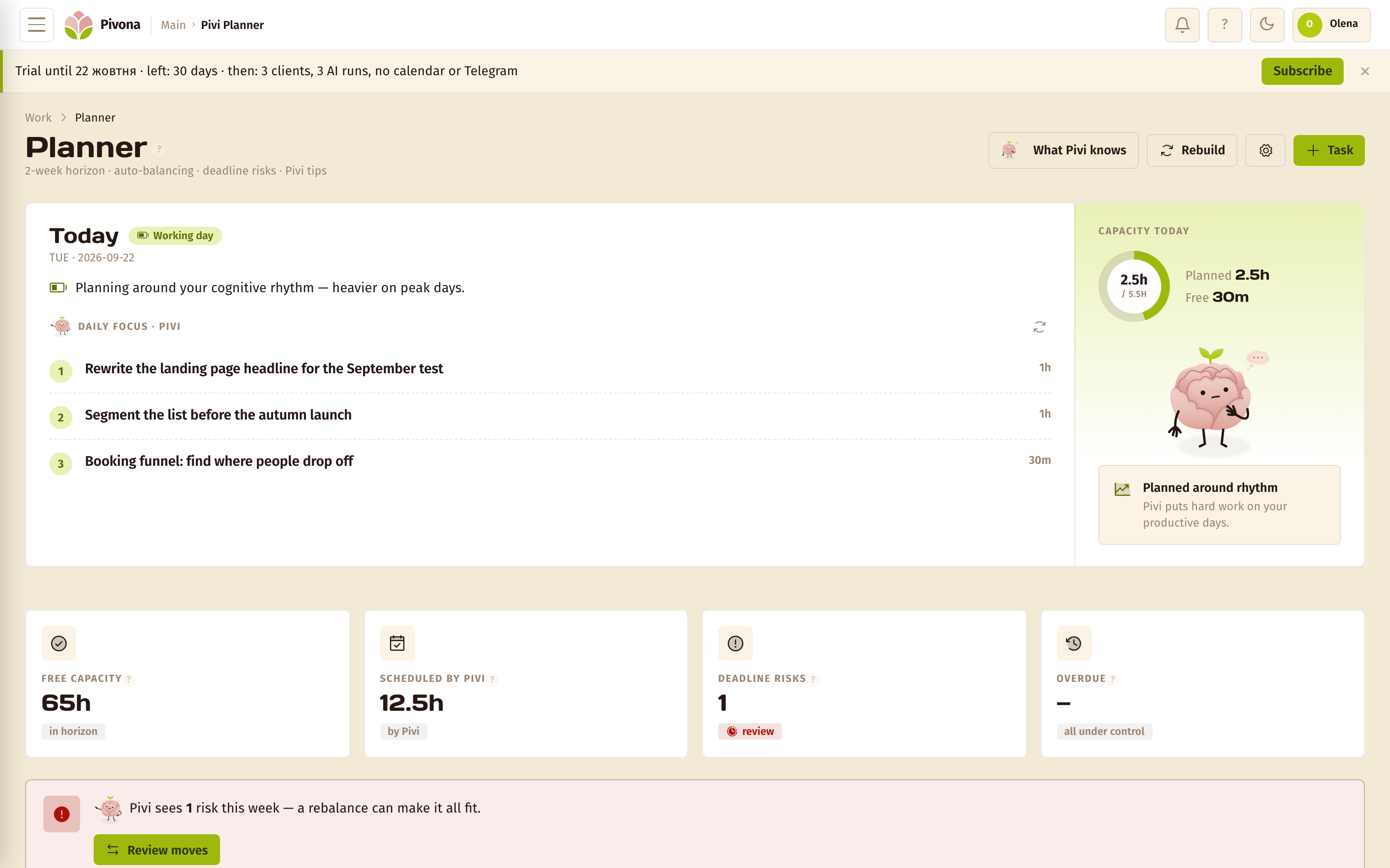 AI Planner — the Pivona screen on desktop