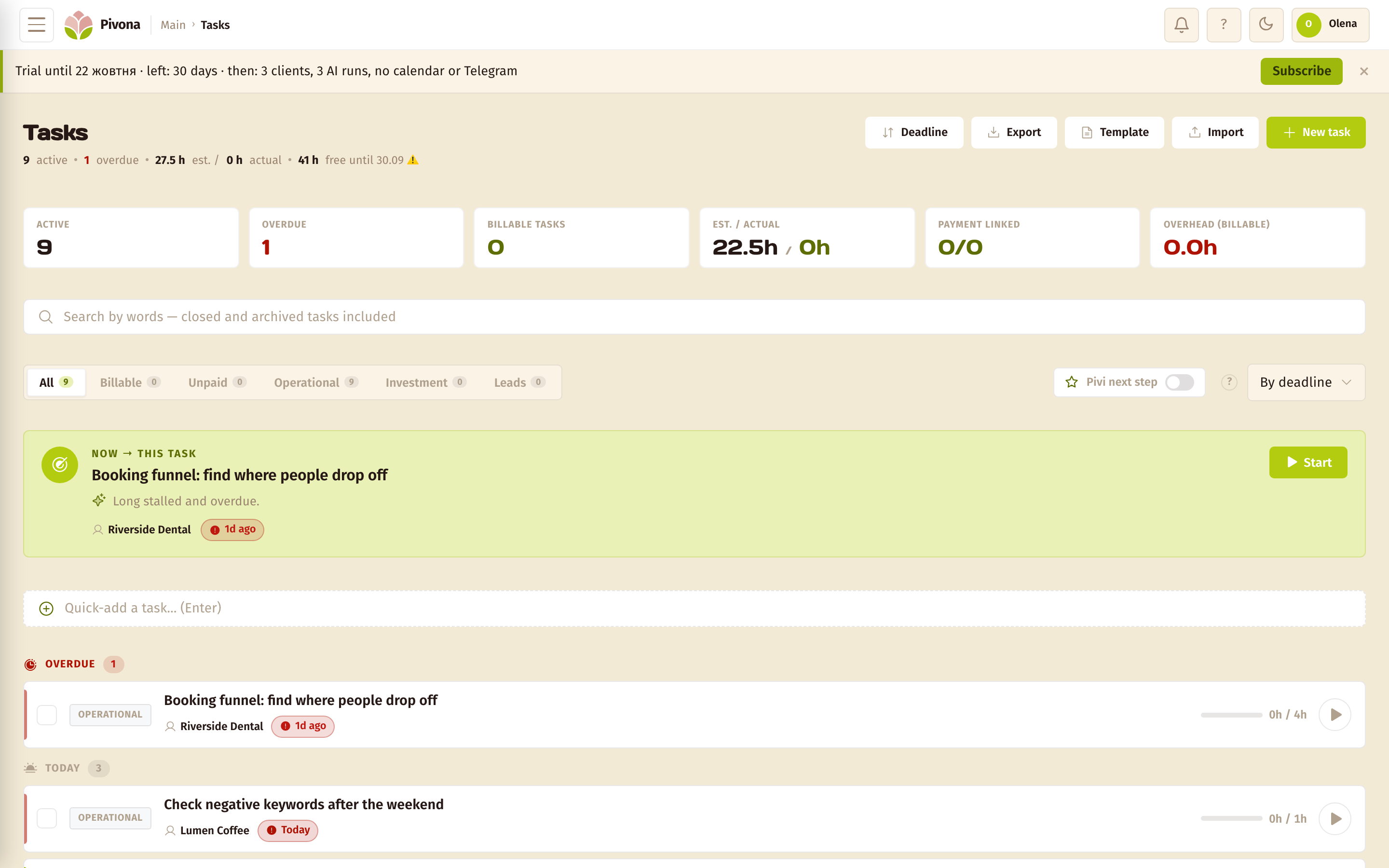 Tasks — the Pivona screen on desktop
