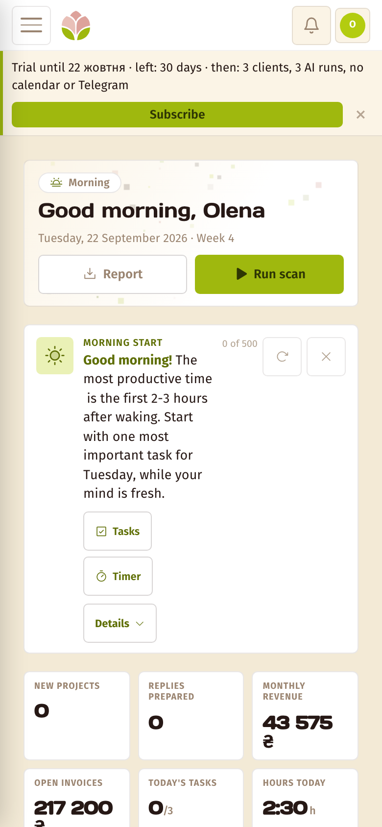 Dashboard — the Pivona screen on mobile