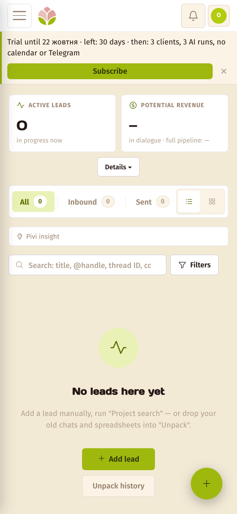 Leads — the Pivona screen on mobile