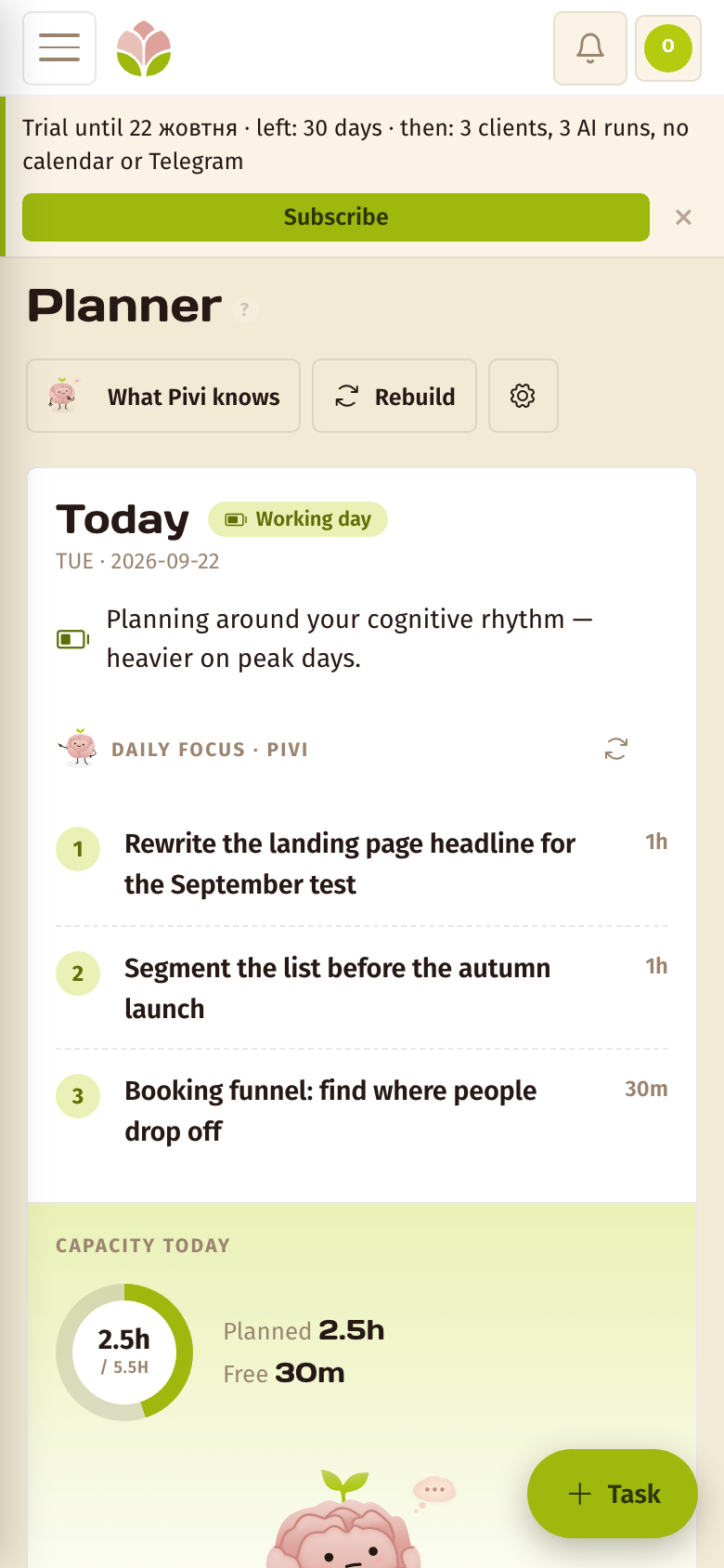 AI Planner — the Pivona screen on mobile