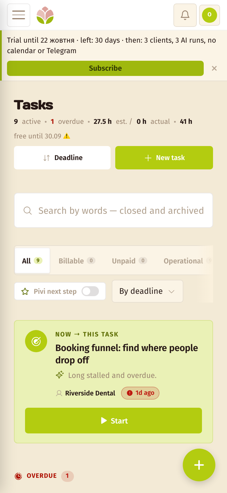 Tasks — the Pivona screen on mobile