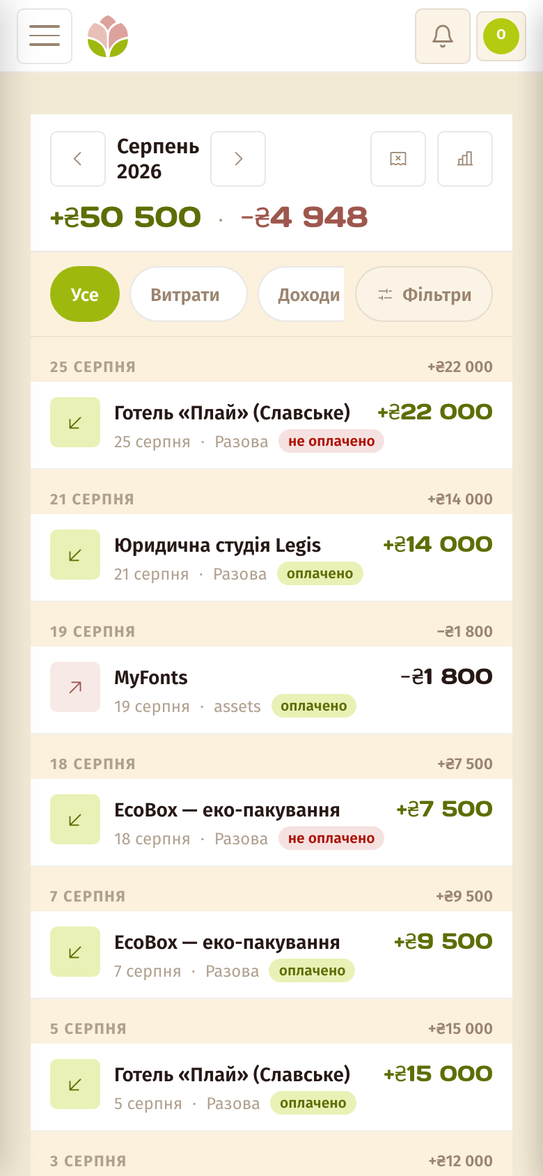 Фінанси — екран Pivona на телефоні