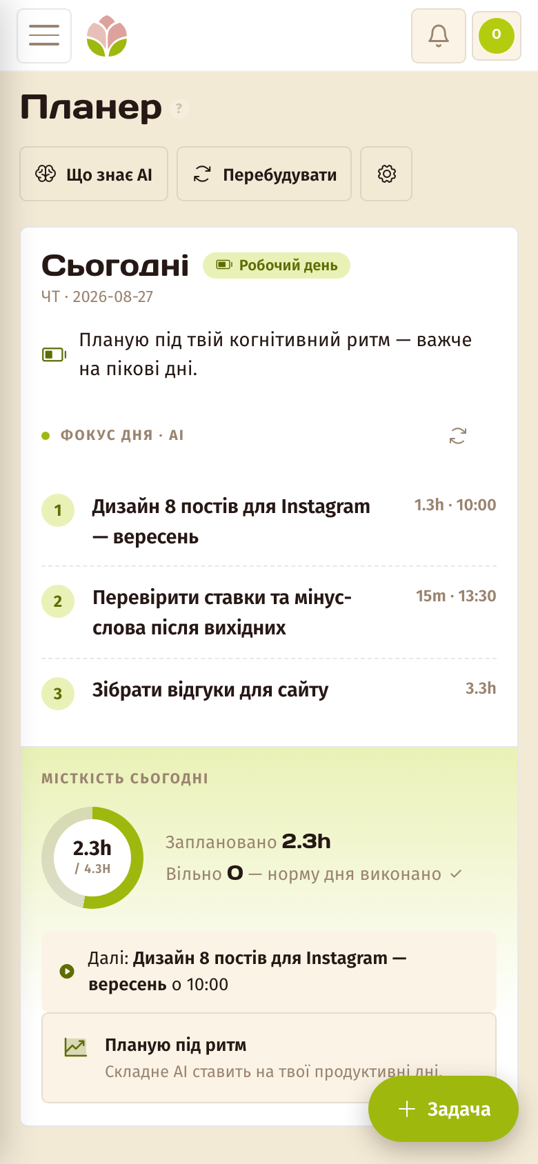 AI Планер — екран Pivona на телефоні